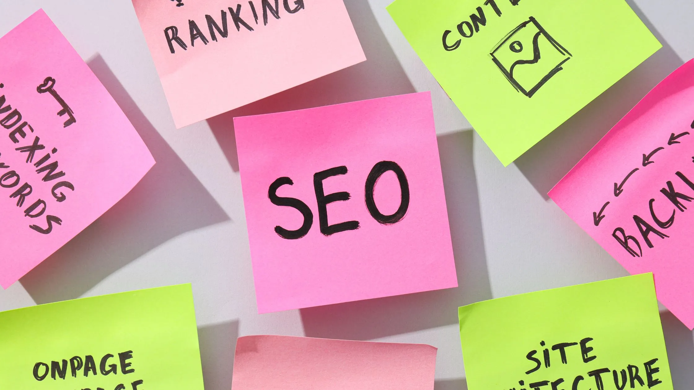 SEO checklist with sticky notes displaying SEO, ranking, content, backlinks, indexing keywords, on-page SEO, and site architecture concepts.