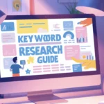 Computer screen showing a keyword research guide with SEO analytics, charts, and marketing dashboard.