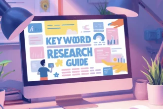 Computer screen showing a keyword research guide with SEO analytics, charts, and marketing dashboard.