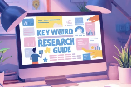 Computer screen showing a keyword research guide with SEO analytics, charts, and marketing dashboard.