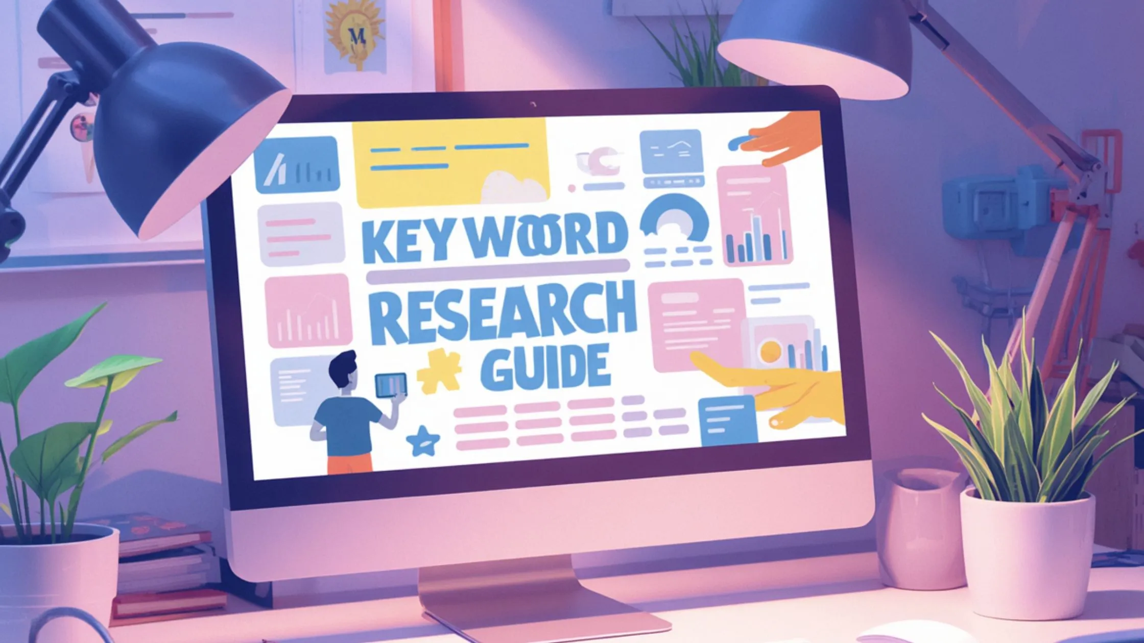 Computer screen showing a keyword research guide with SEO analytics, charts, and marketing dashboard.